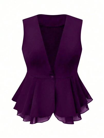 Rometta 大码深 V 领纽扣无袖荷叶边下摆时尚迷人西装外套