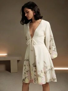 Anewsta Floral Print Long Sleeve Linen-Like Dress, Spring Summer