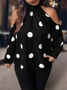 EMERY ROSE Plus Size Women's Spring And Summer Dot Print Open Shoulder Loose Blouse Fall Cloth For Women
