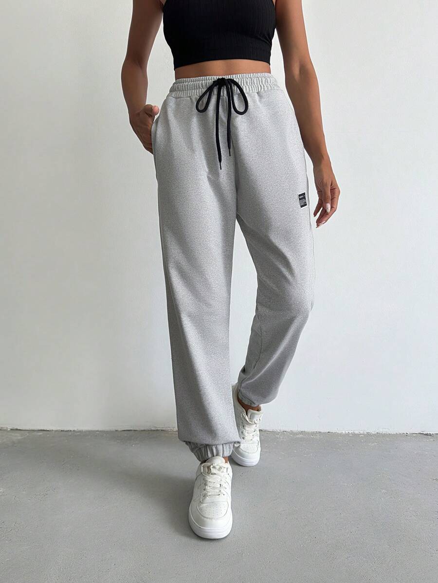 RueChic Letter Patched Detail Drawstring Waist Sweatpants - Light Grey - View 1