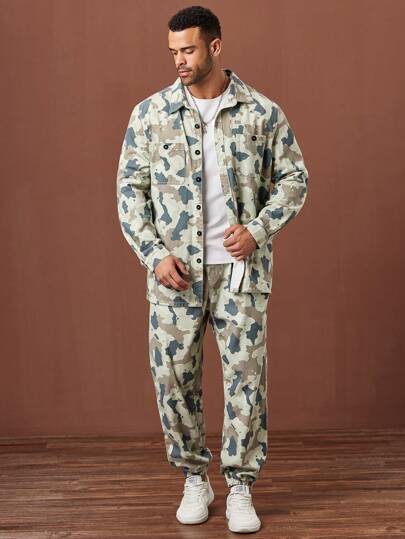 Manfinity Homme Plus Size Men Camouflage Print Button Front Pocket Long Sleeve Top And Jeans Pants Set
