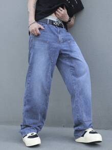 Manfinity EMRG Pantalones de mezclilla con botones y múltiples bolsillos para hombre, uso casual de todos los días - Azul - Ver 1