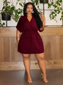 Slaydiva Plus Size Party & Elegant Commute Solid Fitted V-Neck Drawstring Waist Women's Mini Dress, Summer - Burgundy - View 5