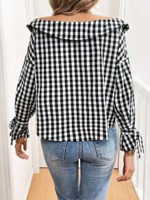 SHEIN Essnce 女士秋季衬衫 翻领 正面纽扣 方格布 长袖 休闲衬衫 纽扣衬衫 - 黑與白 - 查看 4