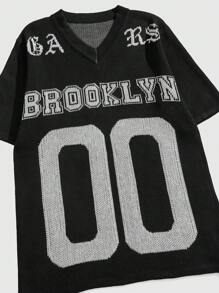 ROMWE MEN Prep 男士数码提花 V 领运动毛衣 - 黑色 - 查看 4