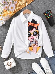 Tween Girls Urban Print Cartoon Character Long Sleeve White Blouse, Autumn - White - View 7