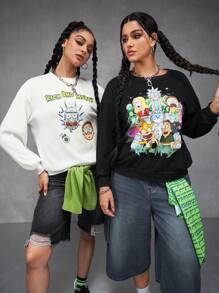 Rick and Morty X SHEIN 1 pièce Sweatshirt ample à encolure ras du cou, avec personnage de dessin animé et imprimé de lettre, avec épaules tombantes, style casual, pour femmes, printemps et automne