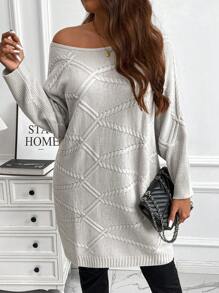 Calvaya 大码纯色休闲纹理蝙蝠袖针织套头衫，秋冬款 - 米色 - 查看 1