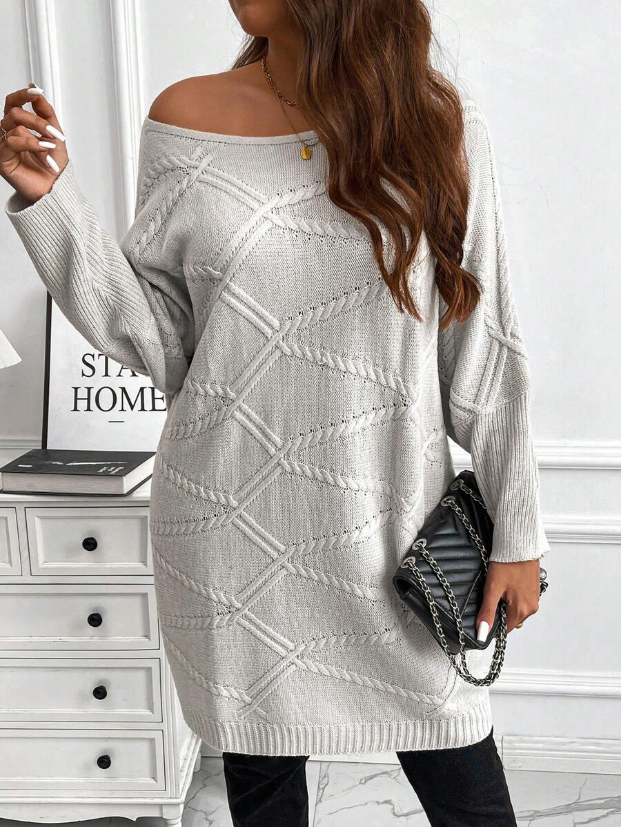 Calvaya 大码纯色休闲纹理蝙蝠袖针织套头衫，秋冬款 - 米色 - 查看 1