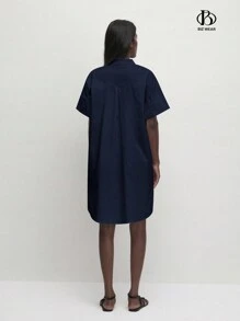 BizChic 女士休闲纯白色不透明立领纽扣前开襟衬衫裙，宽松纯棉，简约风格，适合日常休闲、通勤、商务休闲、办公室穿着 - 藏蓝色 - 查看 2