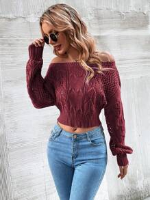 Chiquease Plain Off-Shoulder Long Sleeve Minimalist Pullover Sweater, Casual Daily Wear,Long Sleeve Tops Knit Pullover Fall Winter Outfit - Burgundy - View 1