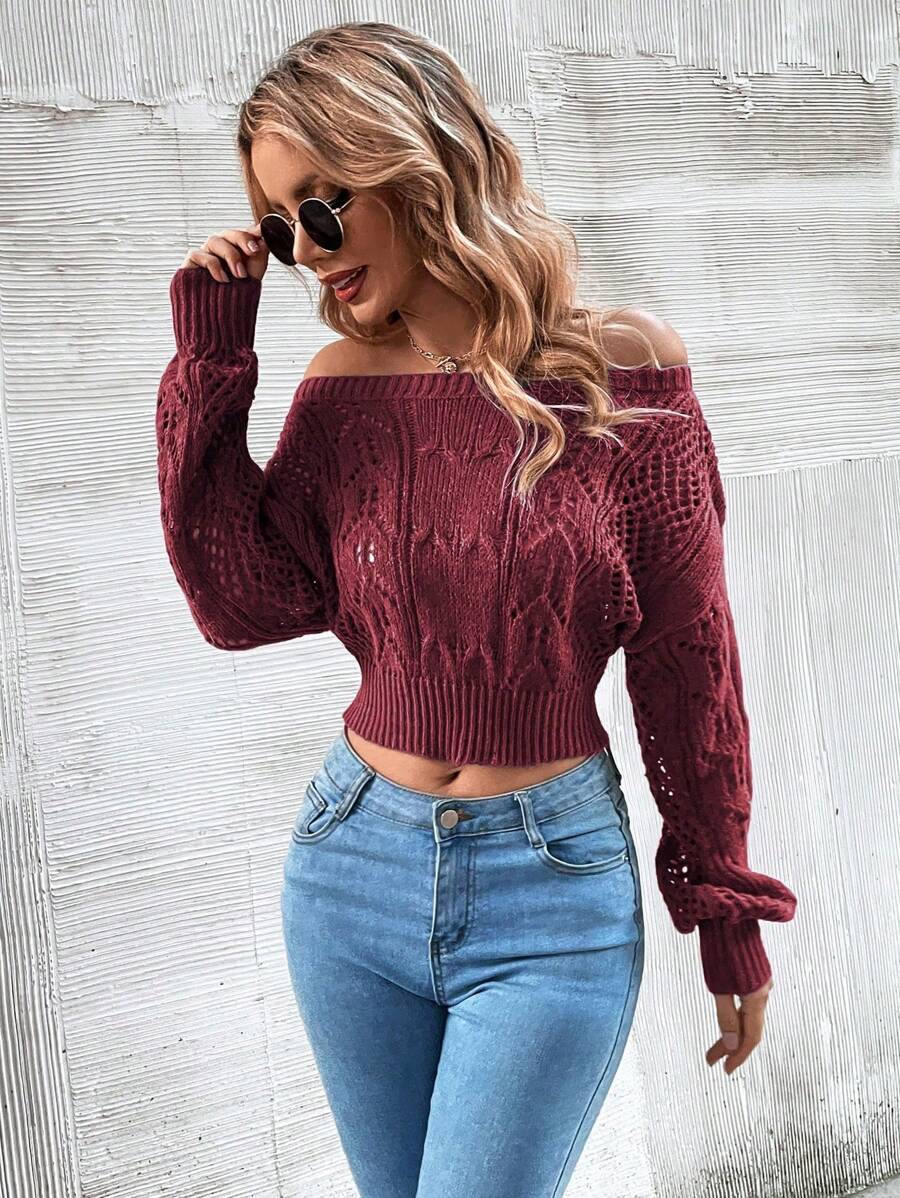 Chiquease Plain Off-Shoulder Long Sleeve Minimalist Pullover Sweater, Casual Daily Wear,Long Sleeve Tops Knit Pullover Fall Winter Outfit - Burgundy - View 1