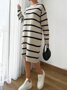 EURMUSE Women Striped Knit Design Knit Dress With Pocket And Button Details - Camel - View 3