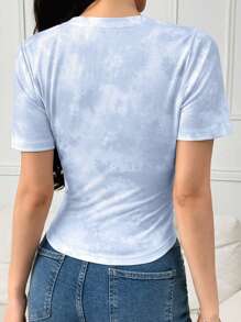 Mulvari 女士夏季 V 领蝴蝶结装饰短袖休闲 T 恤 - 藍色 - 查看 6