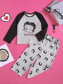 Betty Boop x SHEIN Top de Manga Longa Raglan com Contraste Gráfico Cartoon de Menina Jovem e Calça Casual - Multicolorido - Visão 1