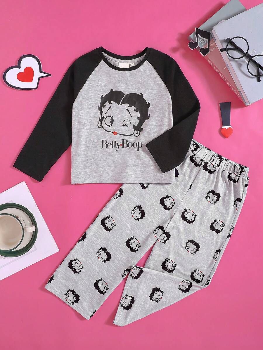 Betty Boop x SHEIN Top de Manga Longa Raglan com Contraste Gráfico Cartoon de Menina Jovem e Calça Casual - Multicolorido - Visão 1