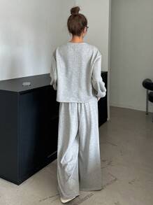 DAZY 女士纯色圆领宽松卫衣和阔腿裤两件套，秋季女装运动套装家居服套装 - 灰色 - 查看 2