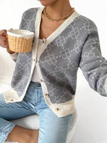 Chiquease Cárdigan de mujer casual de primavera y otoño con patrón geométrico de color contrastante
