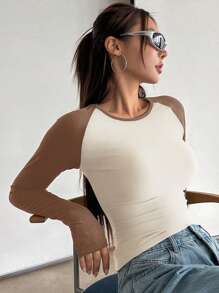 DAZY 女式圆领长袖撞色荷叶边设计优雅T恤，秋季服装