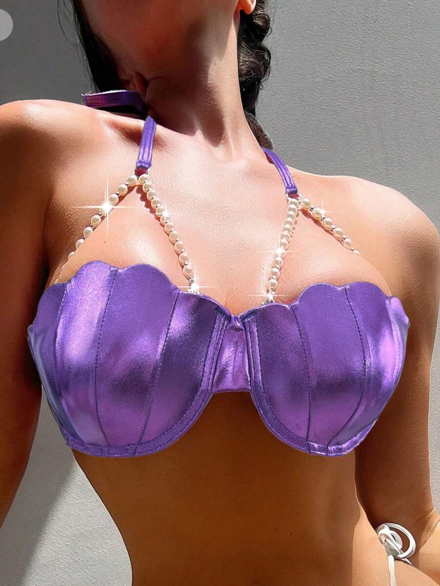 SHEIN Swim Shell Padded Halter Neck Bikini Top Summer - Purple - View 1