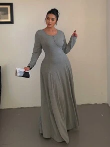 Flirla Plus Size Solid Color Knit Elegant A-Line Flowy Dress Maxi Women Outfit - Grey - View 5