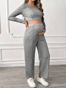 SHEIN 2pcs Pregnant Women Spring/Autumn Plain Long Sleeve Top And Pants Set, For Maternity - Grey - View 4