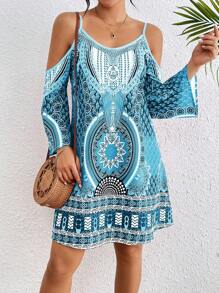 Breezaya Women's Spaghetti Strap Backless All Over Print Shoulder Strap Casual Vacation Dress Vacation Beach Outfit - Blue - View 6