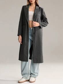 SHEIN Unity 1pc Women Black Striped Lapel Long Coat For Casual Wear ...