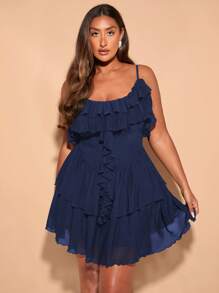 SHEIN BAE Plus Size Women's Solid Color Summer Sweet Girl A-Shaped Cake Lotus Leaf Suspender Stretch Mesh Short Dress