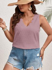 SHEIN VCAY Plus Size Nữ Màu Trơn Đơn Giản Hàng Ngày Có Viền Cổ Áo Không Tay - Bụi hồng - Xem 3