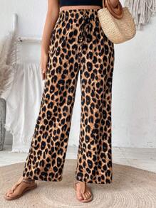 Chiquease Damskie spodnie z szerokimi nogawkami i wiązaniem w talii w panterkę - Brązowy - Zobacz 1