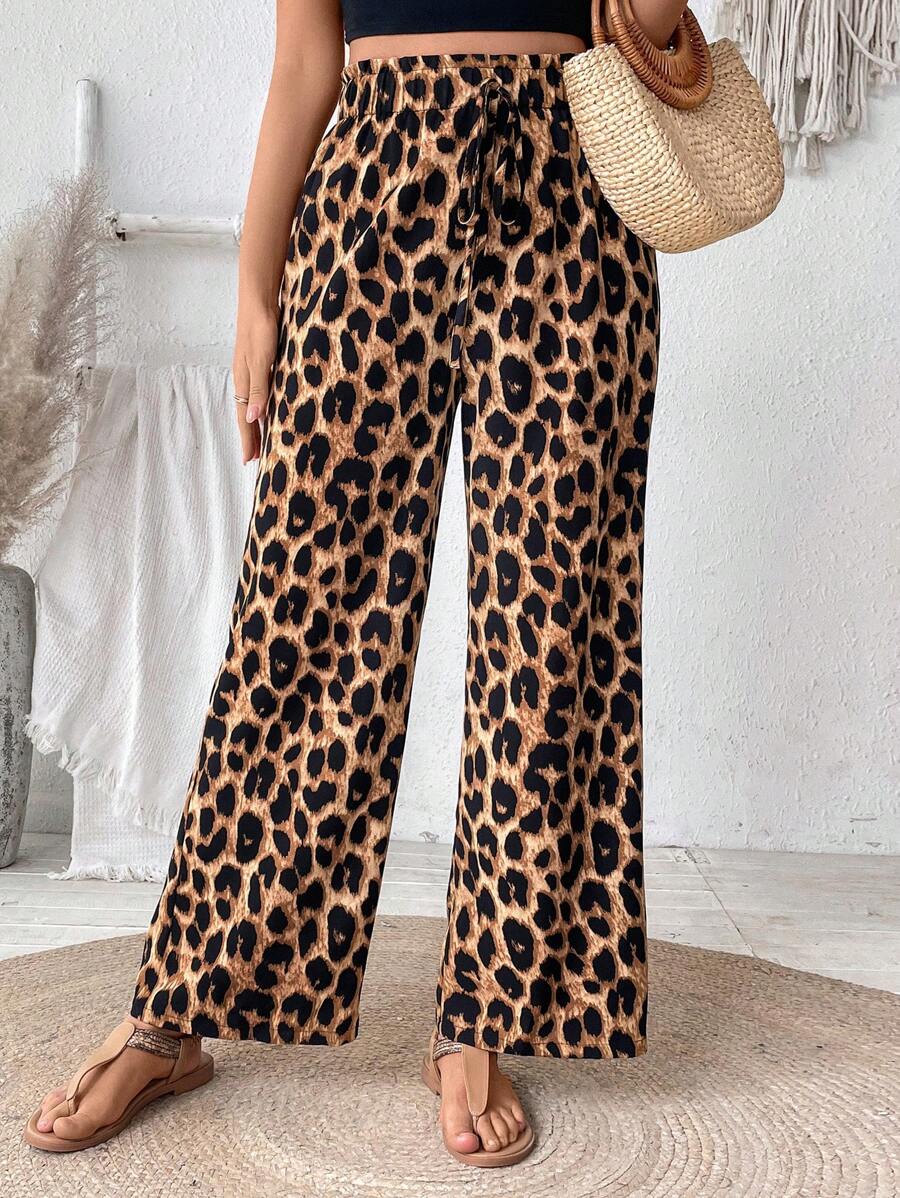 Chiquease Damskie spodnie z szerokimi nogawkami i wiązaniem w talii w panterkę - Brązowy - Zobacz 1