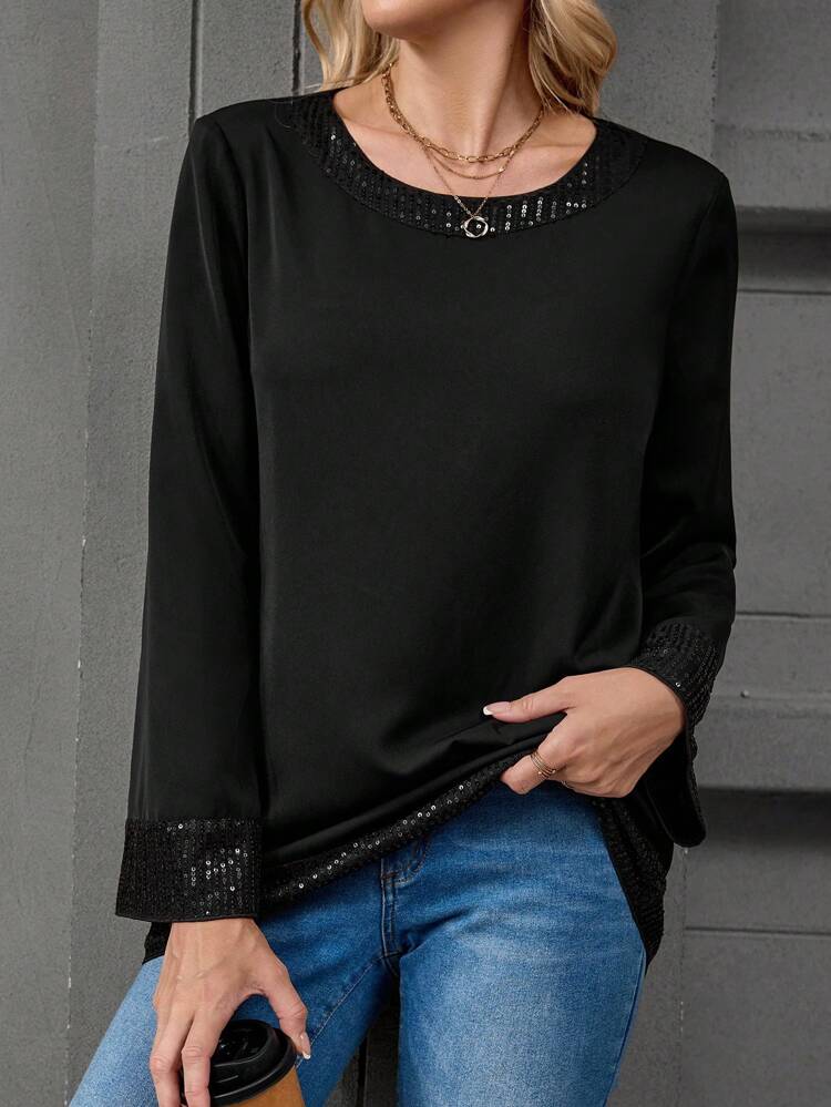 Women's Solid Color Minimalist Casual Sequin Embellished Long Sleeve Blouse
