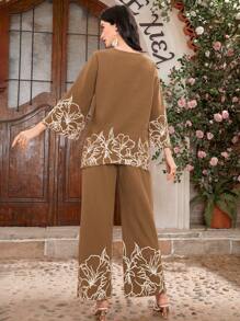 Mulvari Bộ 2 chiếc áo và quần cổ chữ V thêu hoa bất đối xứng thanh lịch dành cho nữ - Cà phê nâu - Xem 2