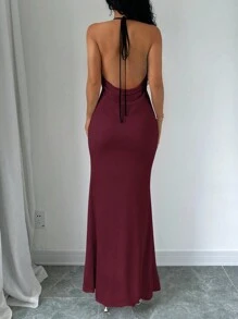 Elenzga Summer Sexy Colorblock Contrast Lace Deep V Neck Backless High Slit Dress, Date Night Dress - Burgundy - View 2