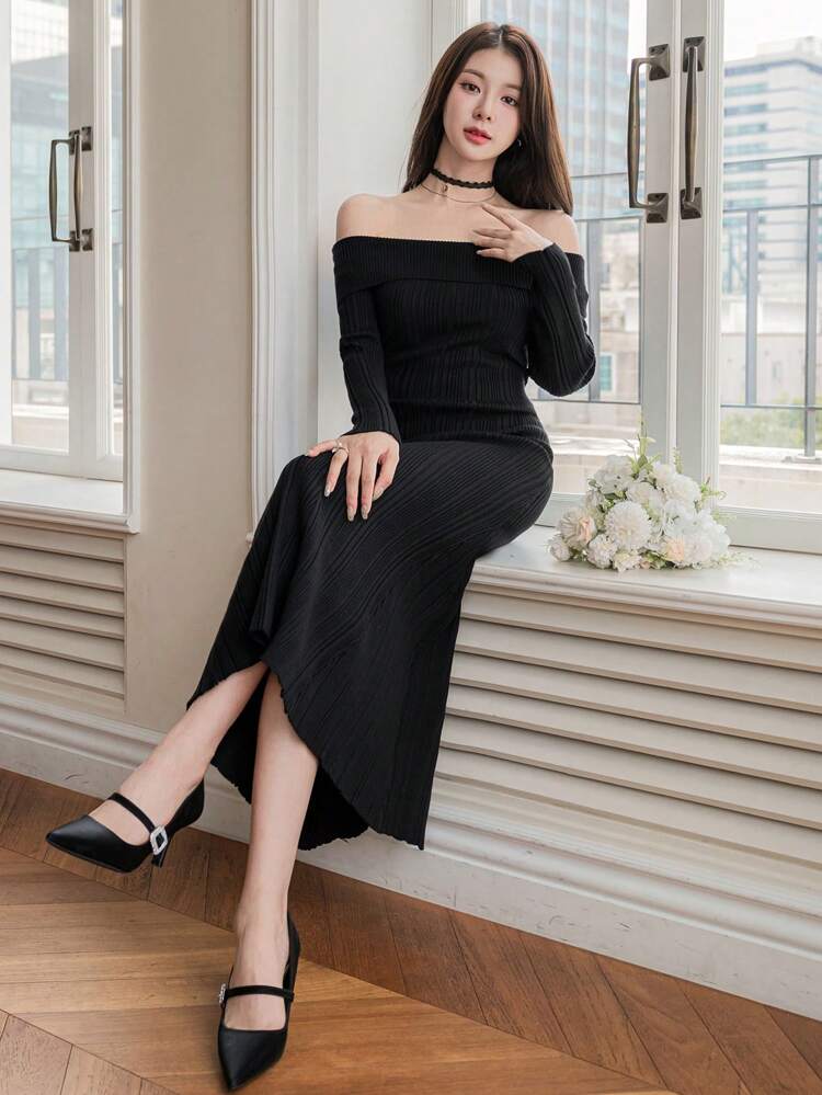 Women's Elegant Solid Color Off Shoulder Mermaid Hem Sweater Dress, Spring And Autumn,Ruffle,Fall Women Clothes