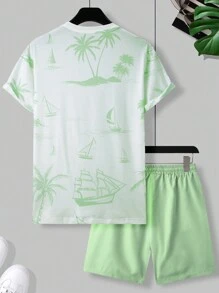 Manfinity RSRT Bộ 2 món áo thun cổ tròn tay ngắn in hình cây cọ dành cho nam mùa hè và quần short cạp rút dây, trang phục ấm áp - Nhiều màu - Xem 2