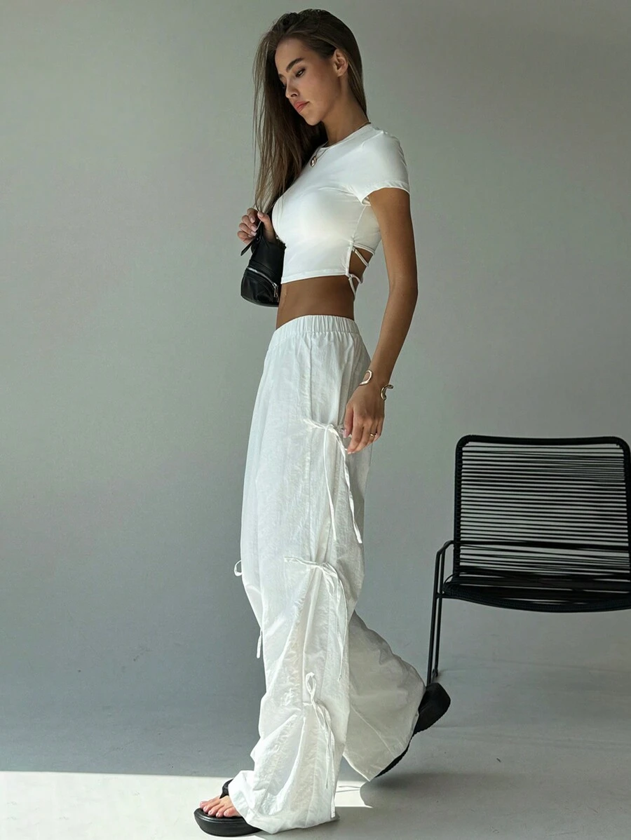 Aloruh 1 条装新款白色蝴蝶结系带防风速干直筒保暖裤 - 白色 - 查看 1