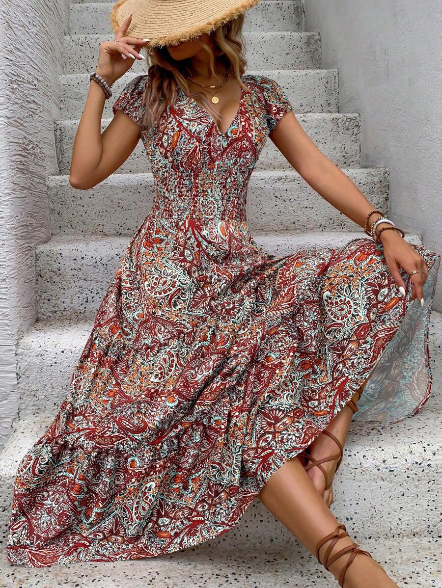 Breezaya 女式热带印花褶皱腰休闲飘逸连衣裙 - 彩色 - 查看 1