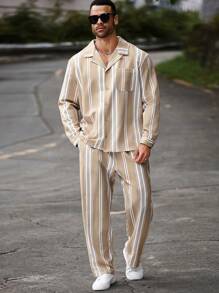 Manfinity Homme Men's Plus Size Spring Autumn Casual Striped Long Sleeve Shirt & Pants Set - Khaki - View 6