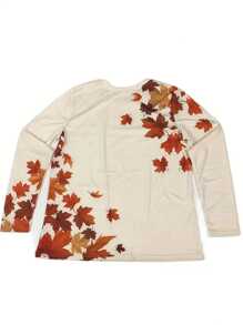 SHEIN LUNE Plus Size Women Spring And Summer Maple Leaf Print Crew Neck Long Sleeve Casual T-Shirt - Beige - View 2