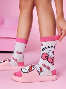HELLO KITTY AND FRIENDS | SHEIN 2 套女式卡通圆点蝴蝶结图案粉色拼色中筒袜