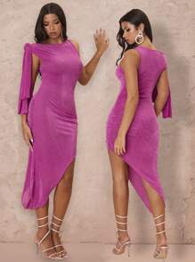 Glamine Asymmetrical Hem Shoulder Tie Ruched Midi Dress - Hot Pink - View 1