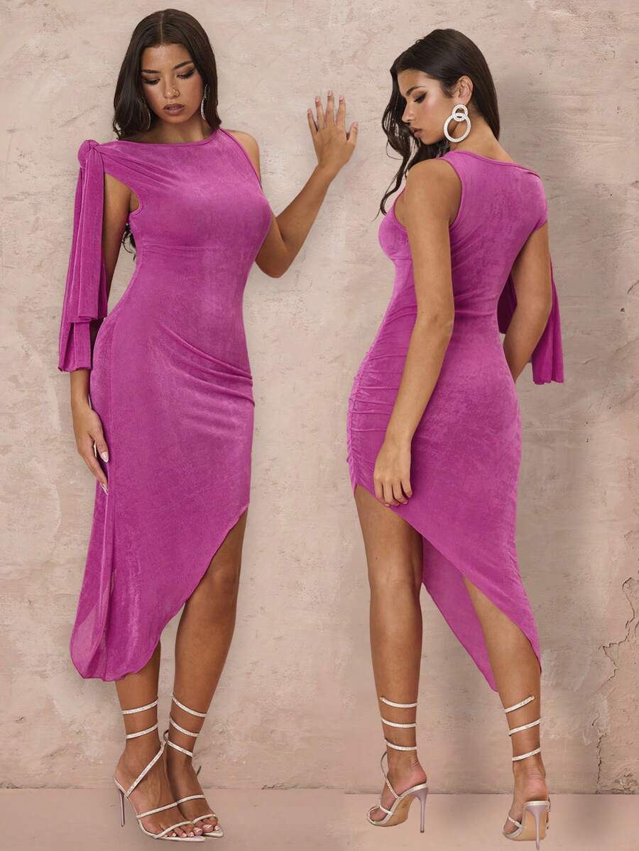 Glamine Asymmetrical Hem Shoulder Tie Ruched Midi Dress - Hot Pink - View 1