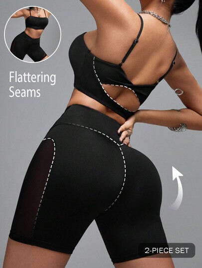 Innovista Conjuntos deportivos de 2 piezas para mujer, con efecto de corsé en el top de tirantes y sujetador deportivo push-up con shorts deportivos para uso diario, actividad física, ciclismo, yoga y gimnasio, shorts negros elásticos