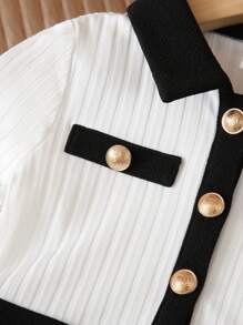 Baby Girl's Adorable Knitted Colorblock Metal Button Collar Pleated Long Sleeve Dress - Black and White - View 3