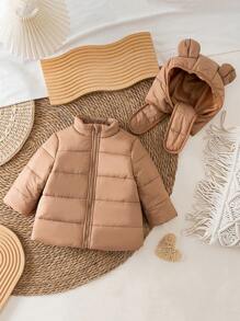 SHEIN Babygirl Solid Color Warm Fleece Jacket And Hat Set, Autumn/Winter