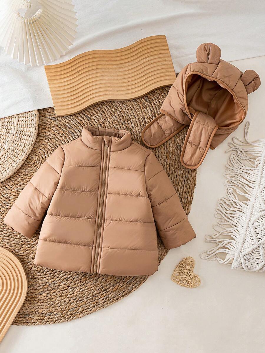 SHEIN Babygirl Solid Color Warm Fleece Jacket And Hat Set, Autumn/Winter