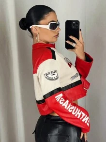 SHEIN ICON Chaqueta corta con gráfico de letras, bloque de color y hombros caídos - Rojo y blanco - Ver 2