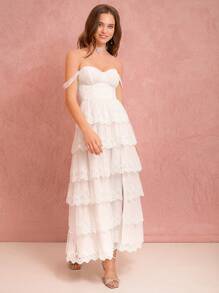 Enchnt 女士优雅纯色蕾丝高开叉露肩夏季连衣裙 - 白色 - 查看 7